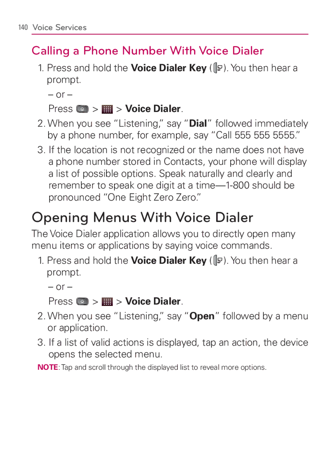 LG Electronics MFL67014001(1.2) manual Opening Menus With Voice Dialer, Calling a Phone Number With Voice Dialer 