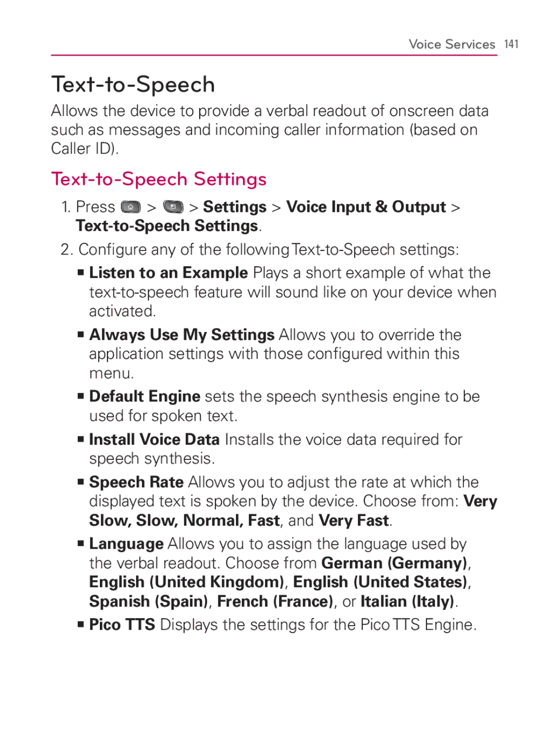 LG Electronics MFL67014001(1.2) manual Press Settings Voice Input & Output Text-to-Speech Settings 