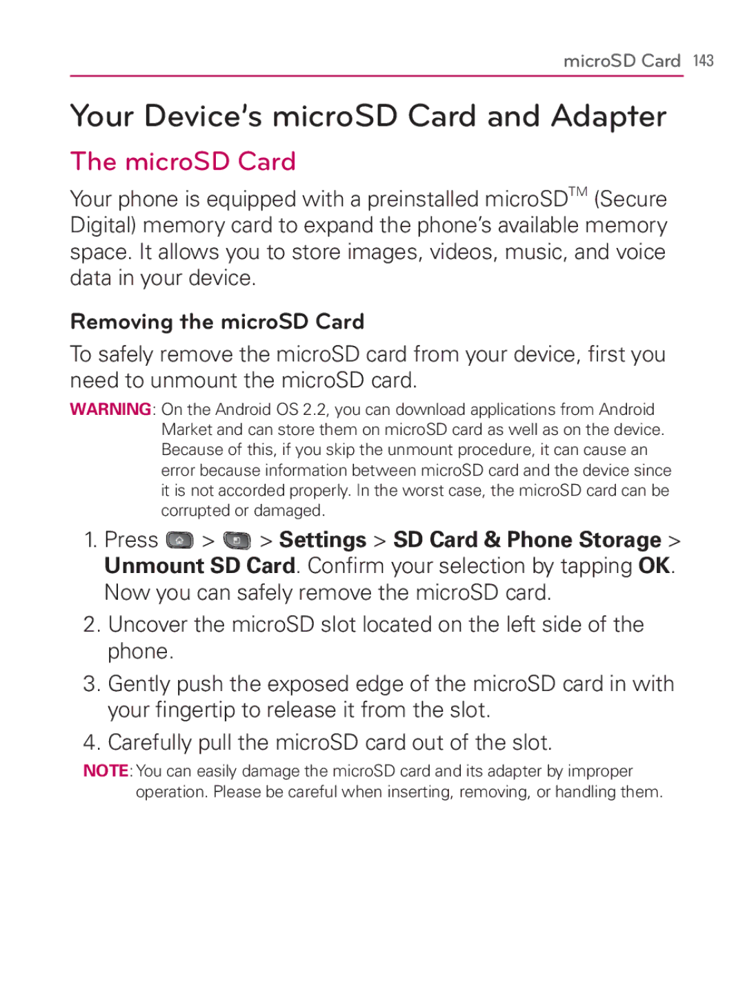 LG Electronics MFL67014001(1.2) manual Your Device’s microSD Card and Adapter, MicroSD Card, Removing the microSD Card 