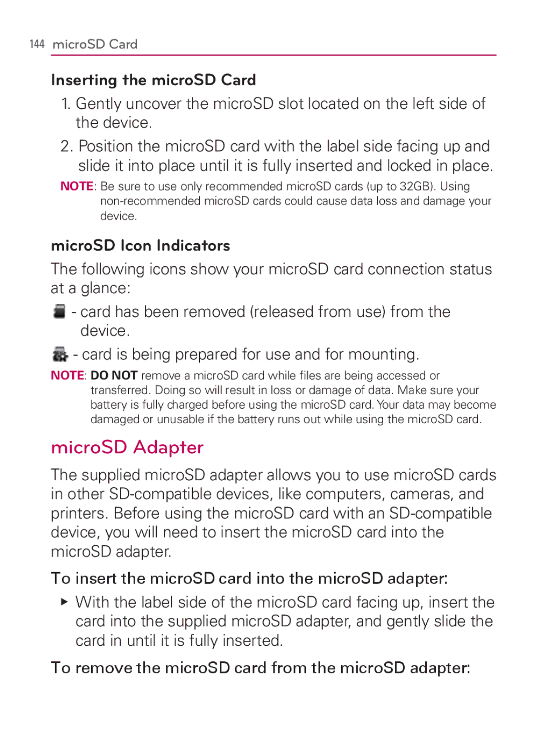 LG Electronics MFL67014001(1.2) manual MicroSD Adapter, Inserting the microSD Card, MicroSD Icon Indicators 