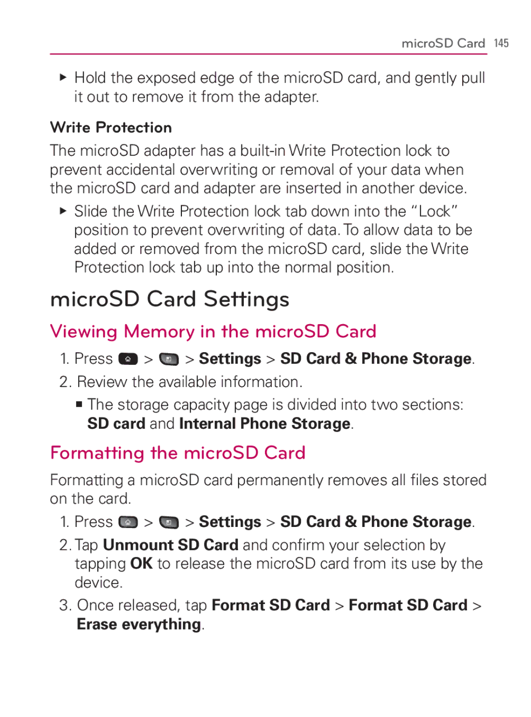 LG Electronics MFL67014001(1.2) MicroSD Card Settings, Viewing Memory in the microSD Card, Formatting the microSD Card 