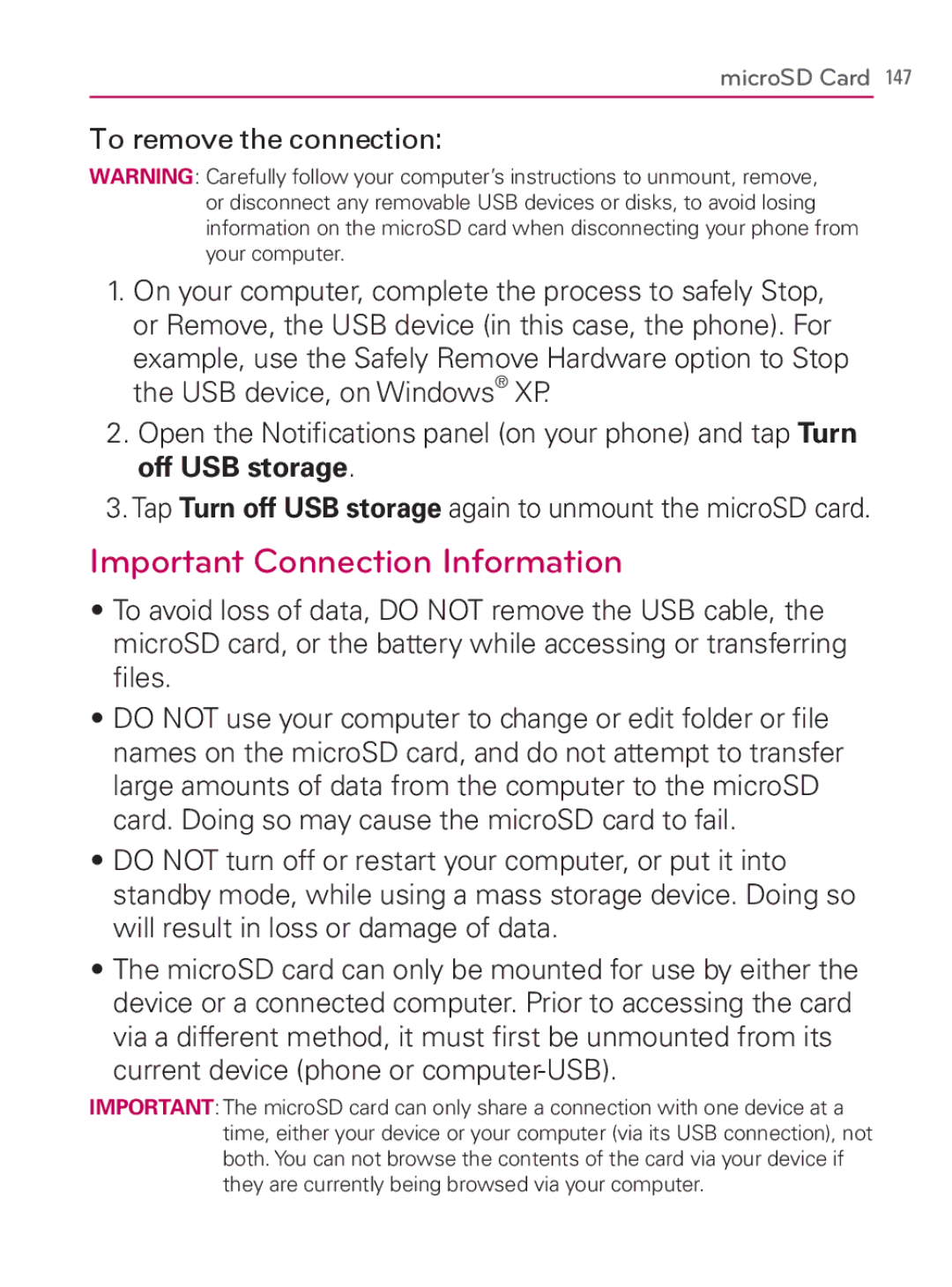 LG Electronics MFL67014001(1.2) manual Important Connection Information, To remove the connection 