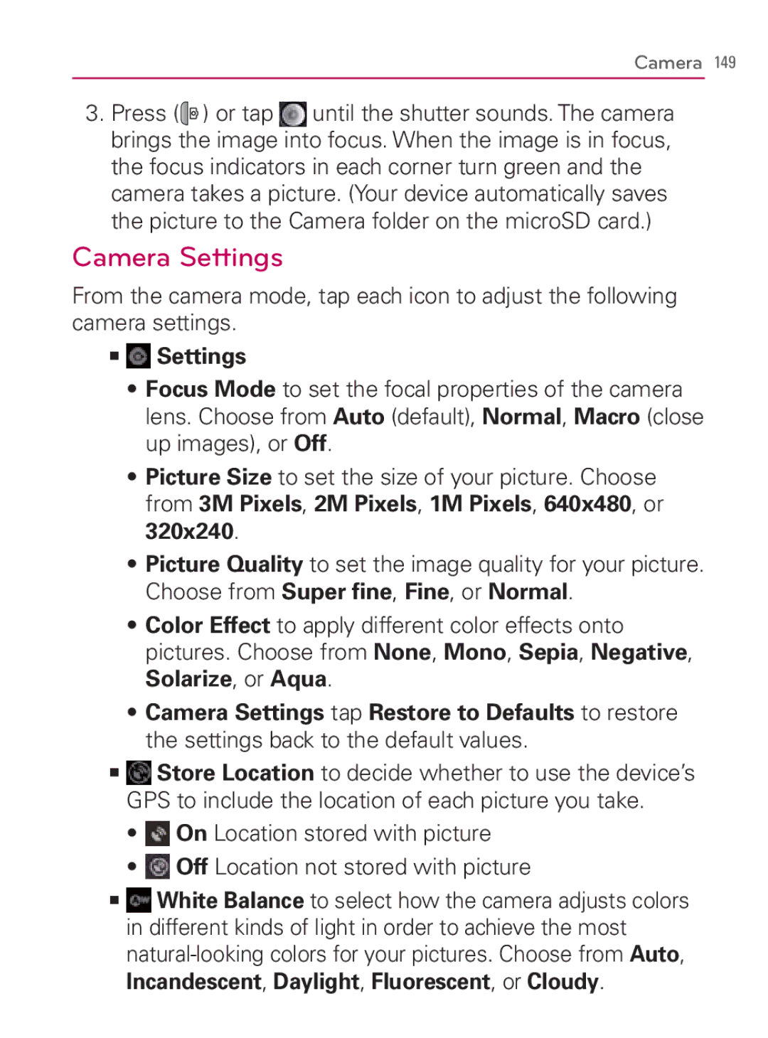 LG Electronics MFL67014001(1.2) manual Camera Settings 