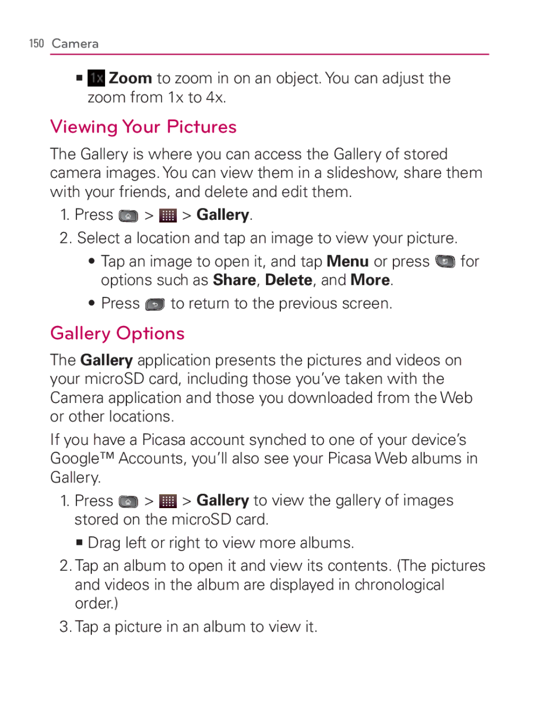 LG Electronics MFL67014001(1.2) manual Viewing Your Pictures, Gallery Options 