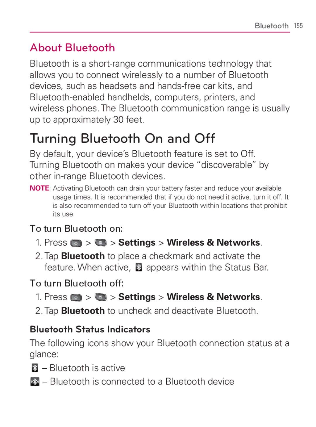 LG Electronics MFL67014001(1.2) manual Turning Bluetooth On and Off, About Bluetooth, Bluetooth Status Indicators 