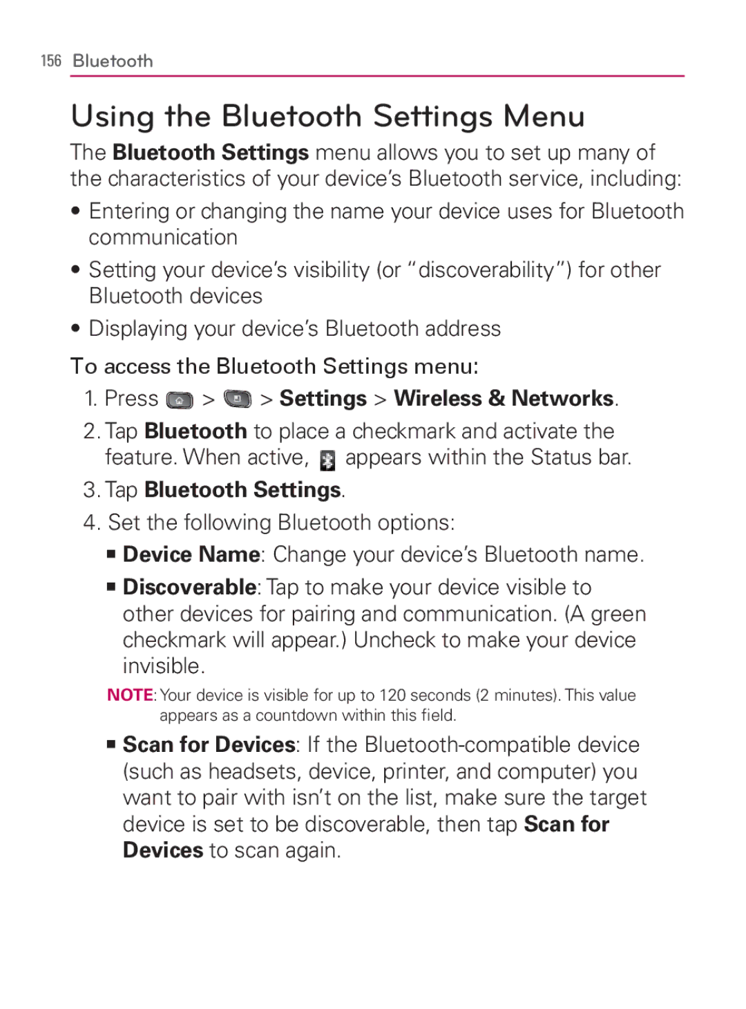 LG Electronics MFL67014001(1.2) manual Using the Bluetooth Settings Menu, Tap Bluetooth Settings 