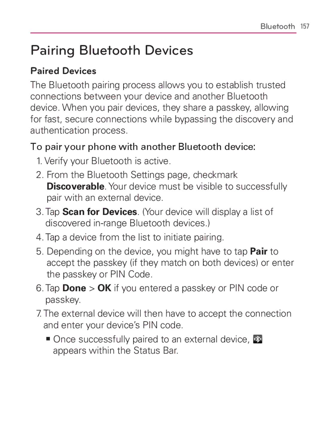 LG Electronics MFL67014001(1.2) manual Pairing Bluetooth Devices, Paired Devices 