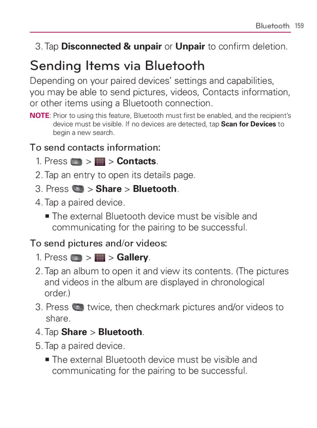 LG Electronics MFL67014001(1.2) manual Sending Items via Bluetooth, Tap Disconnected & unpair or Unpair to conﬁrm deletion 