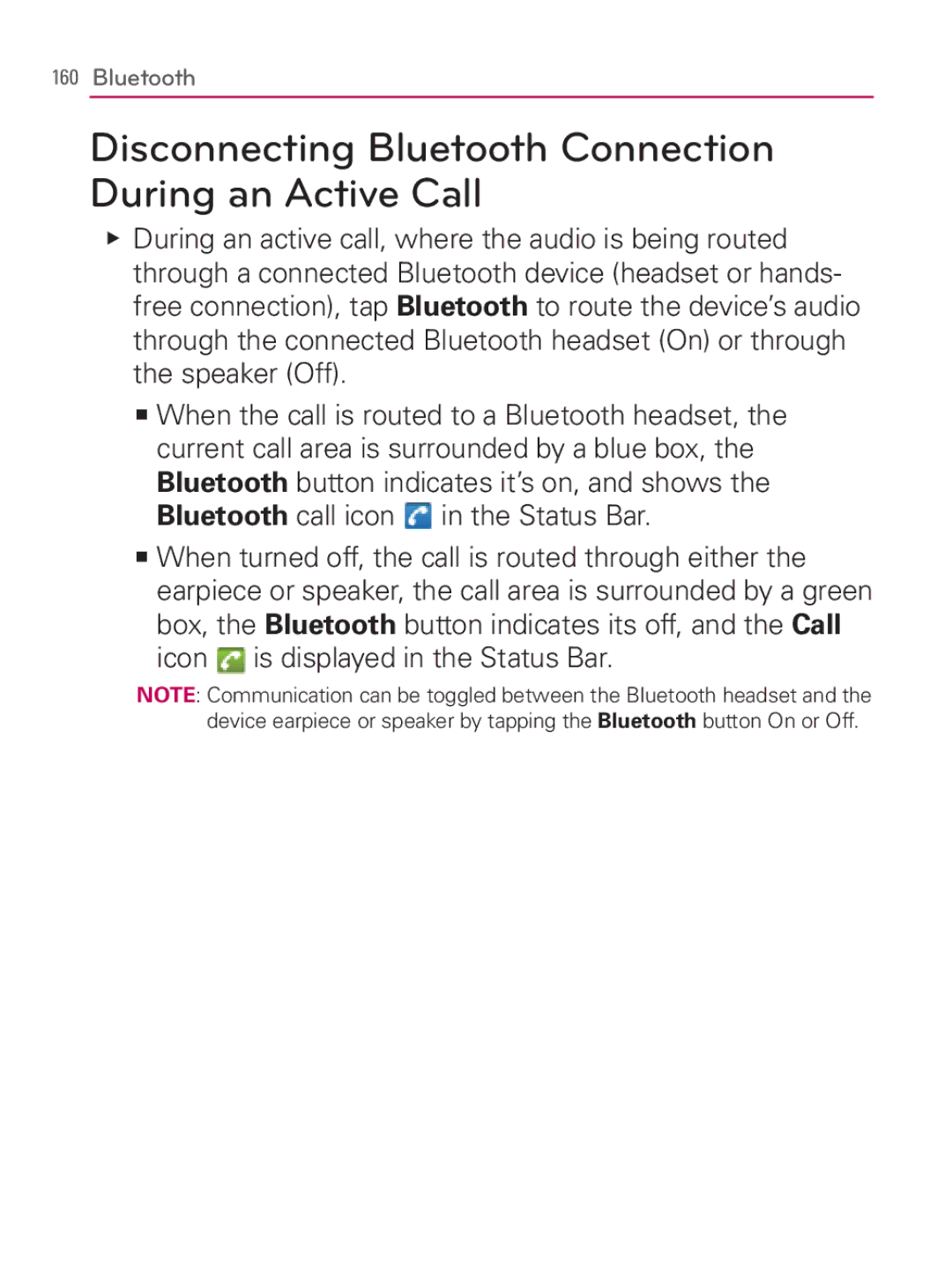 LG Electronics MFL67014001(1.2) manual Disconnecting Bluetooth Connection During an Active Call 