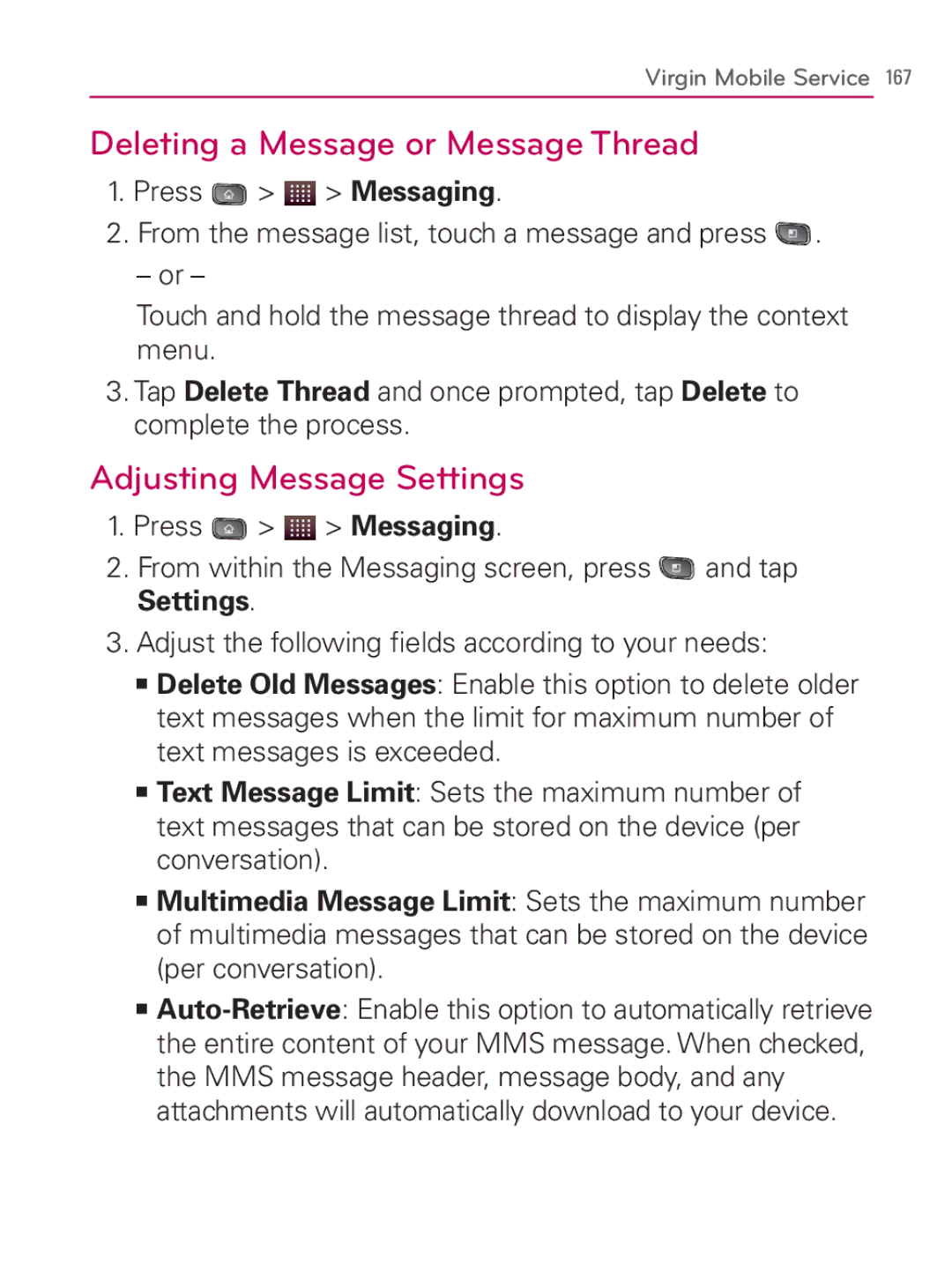 LG Electronics MFL67014001(1.2) manual Deleting a Message or Message Thread, Adjusting Message Settings 