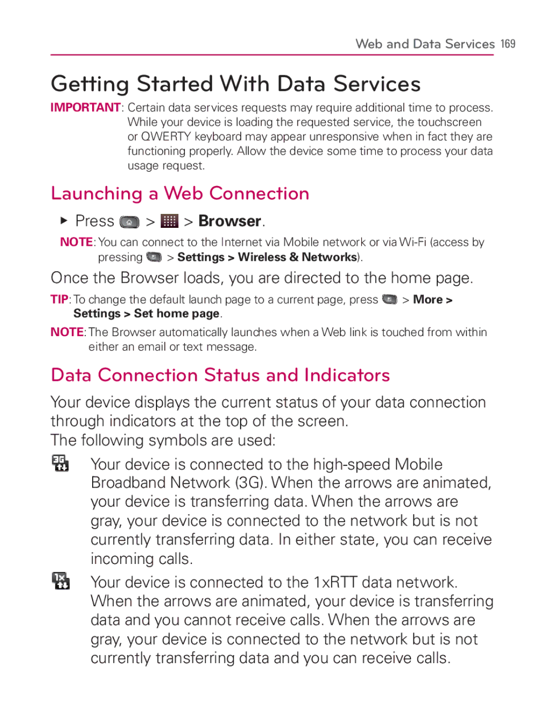 LG Electronics MFL67014001(1.2) manual Getting Started With Data Services, Launching a Web Connection, Press Browser 