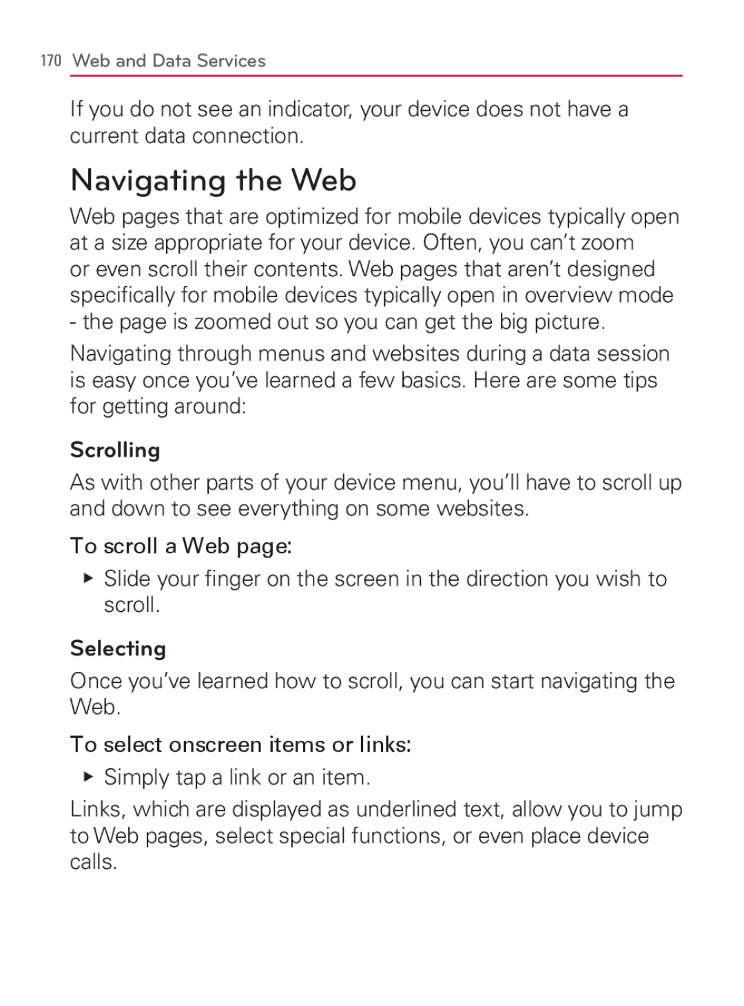 LG Electronics MFL67014001(1.2) manual Navigating the Web, Scrolling, Selecting 