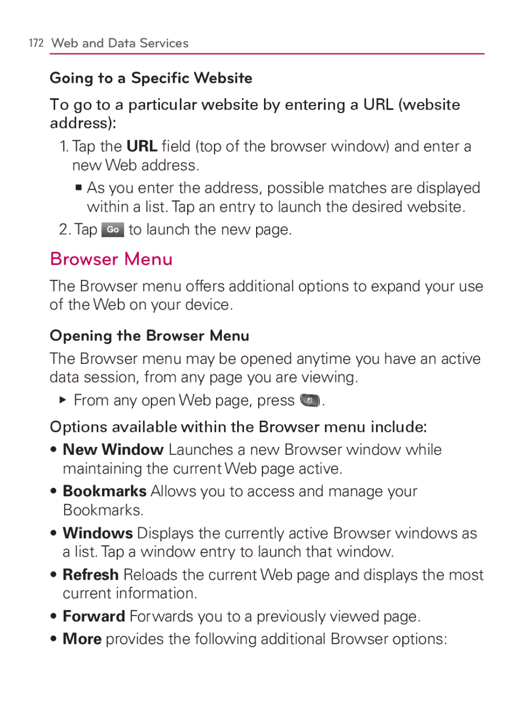 LG Electronics MFL67014001(1.2) manual Browser Menu, Going to a Speciﬁc Website, Tap Go to launch the new 