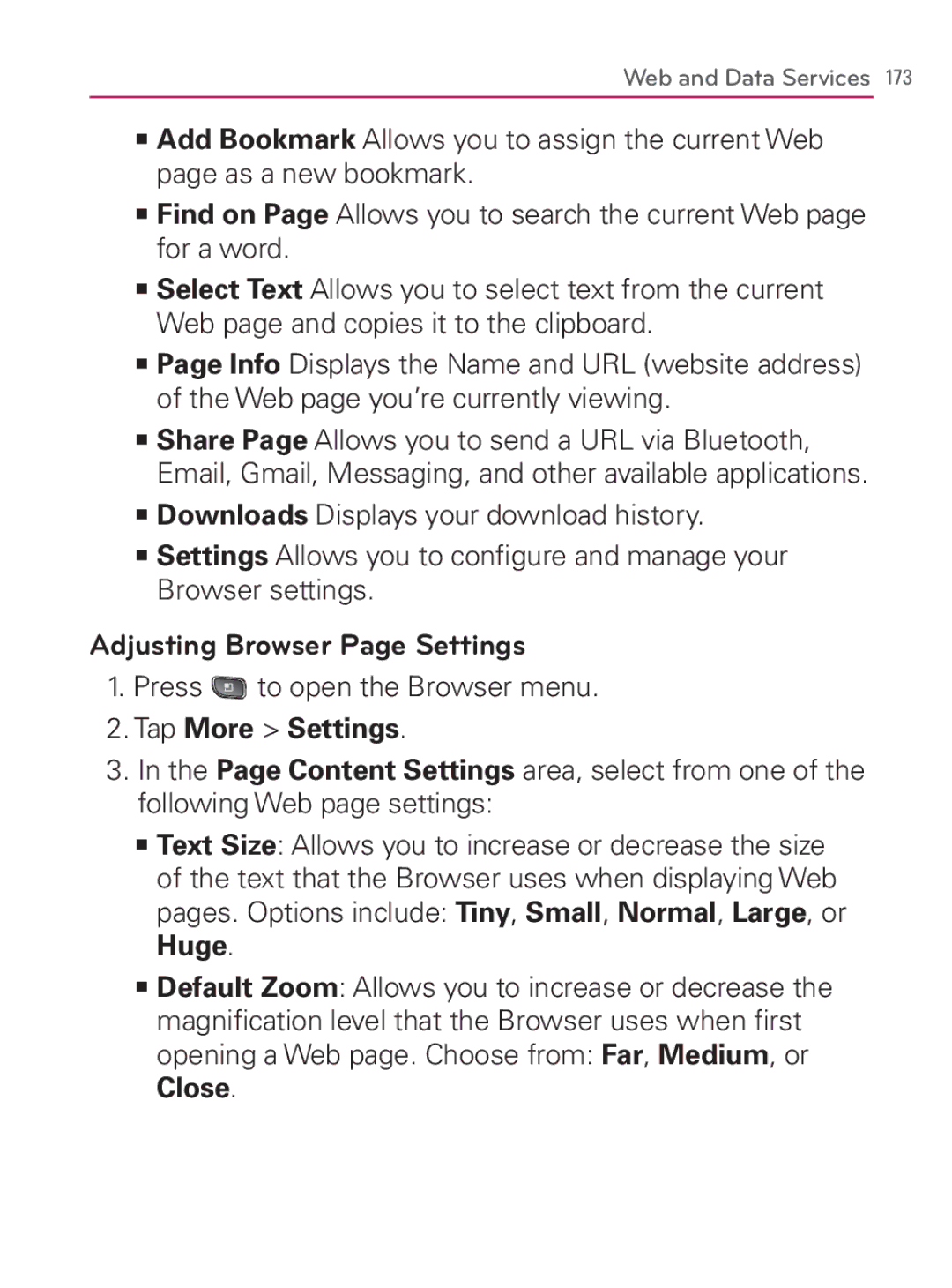 LG Electronics MFL67014001(1.2) manual Adjusting Browser Page Settings, Press to open the Browser menu, Tap More Settings 