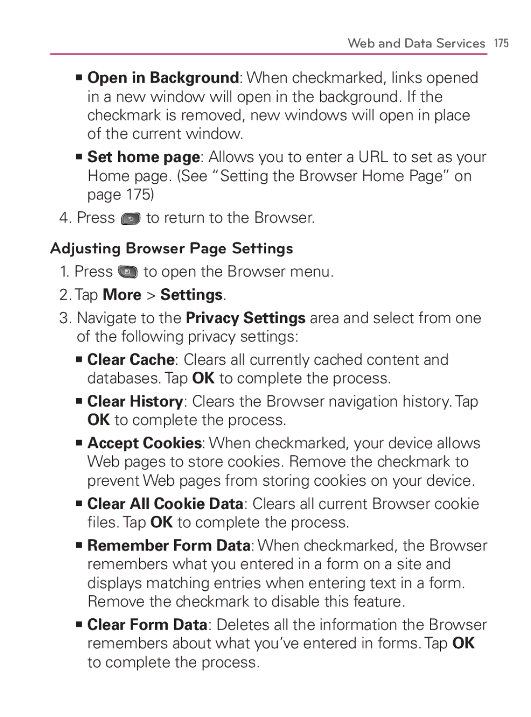 LG Electronics MFL67014001(1.2) manual Adjusting Browser Page Settings 