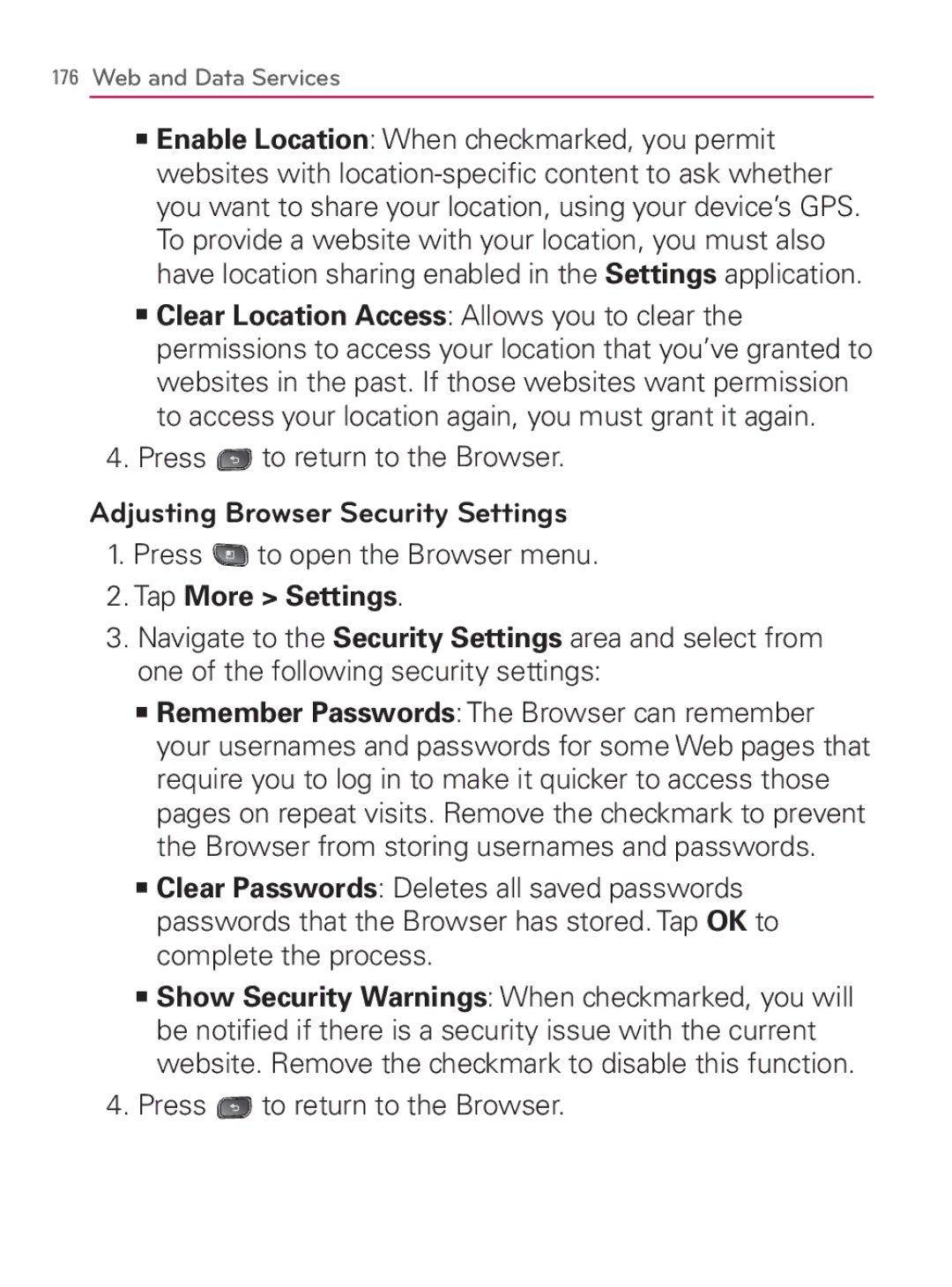 LG Electronics MFL67014001(1.2) manual Adjusting Browser Security Settings 