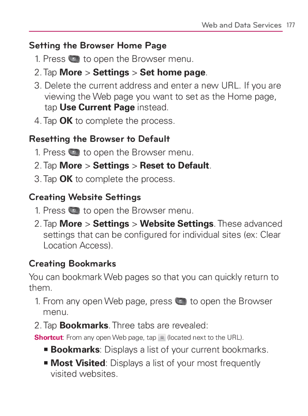 LG Electronics MFL67014001(1.2) Setting the Browser Home, Tap More Settings Set home, Resetting the Browser to Default 