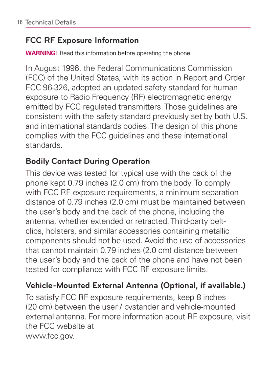 LG Electronics MFL67014001(1.2) manual FCC RF Exposure Information, Bodily Contact During Operation 