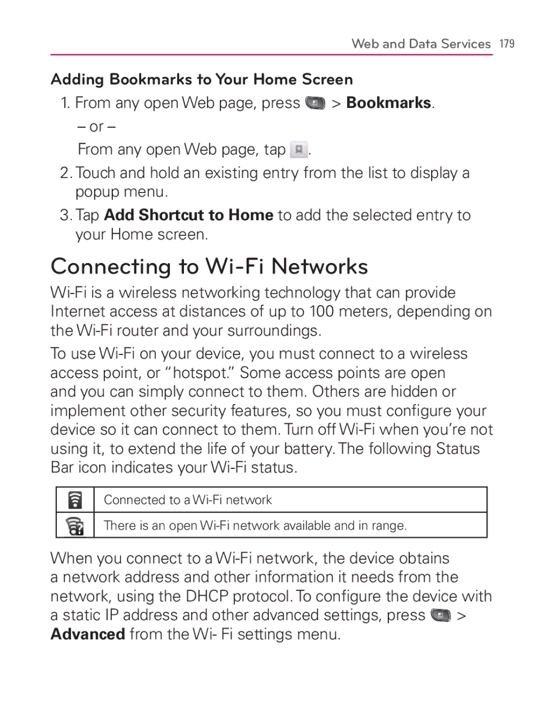 LG Electronics MFL67014001(1.2) manual Connecting to Wi-Fi Networks, Adding Bookmarks to Your Home Screen 