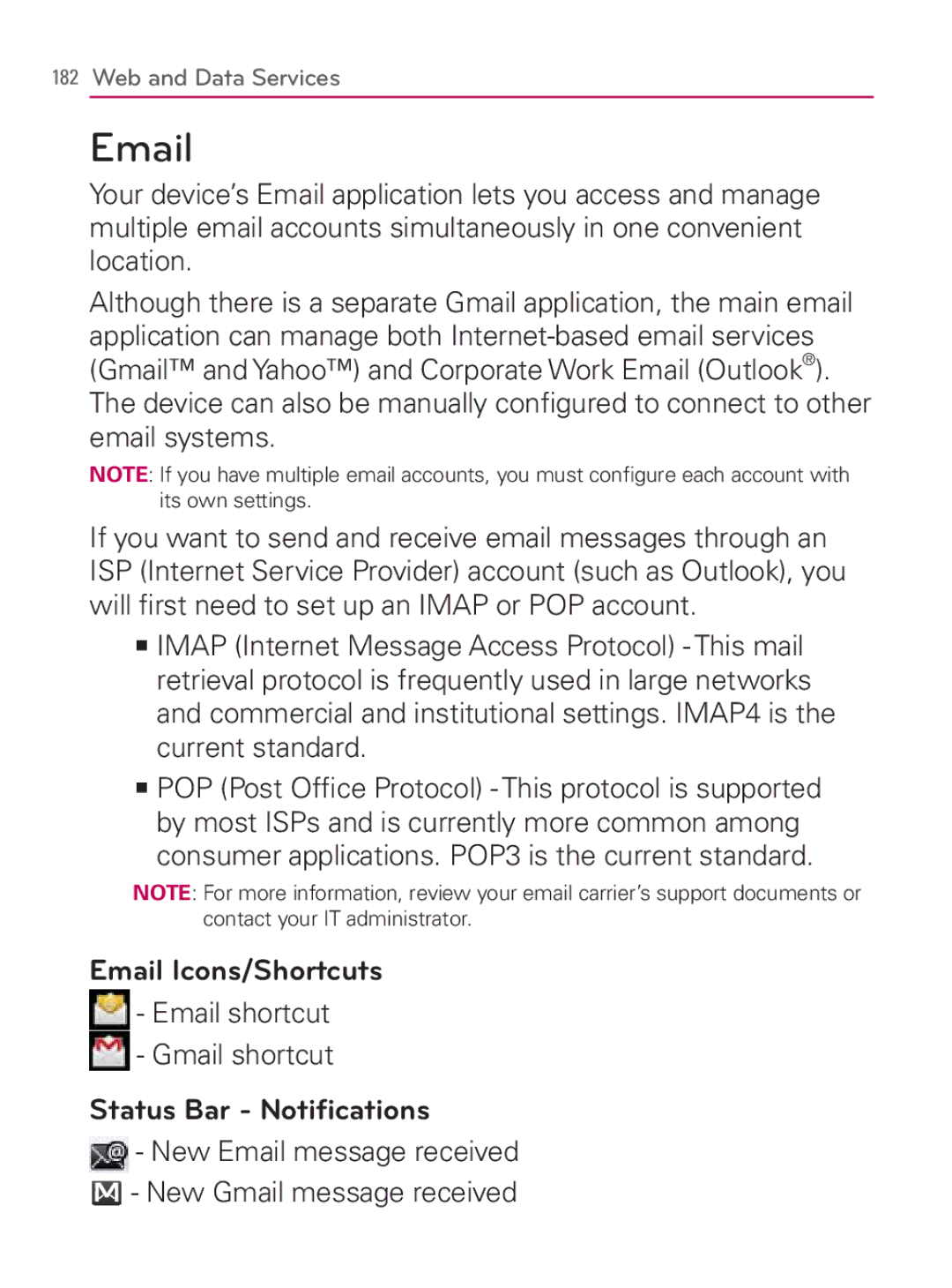 LG Electronics MFL67014001(1.2) manual Email Icons/Shortcuts, Email shortcut Gmail shortcut, Status Bar Notiﬁcations 