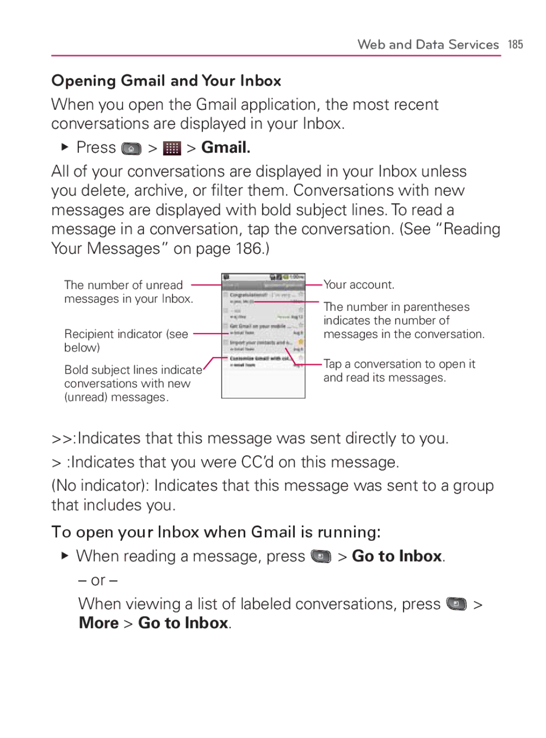 LG Electronics MFL67014001(1.2) manual Opening Gmail and Your Inbox 