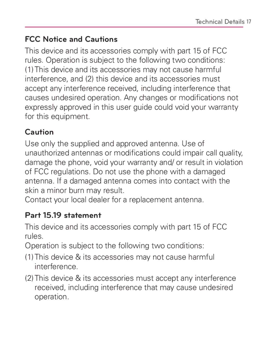 LG Electronics MFL67014001(1.2) manual FCC Notice and Cautions, Part 15.19 statement 