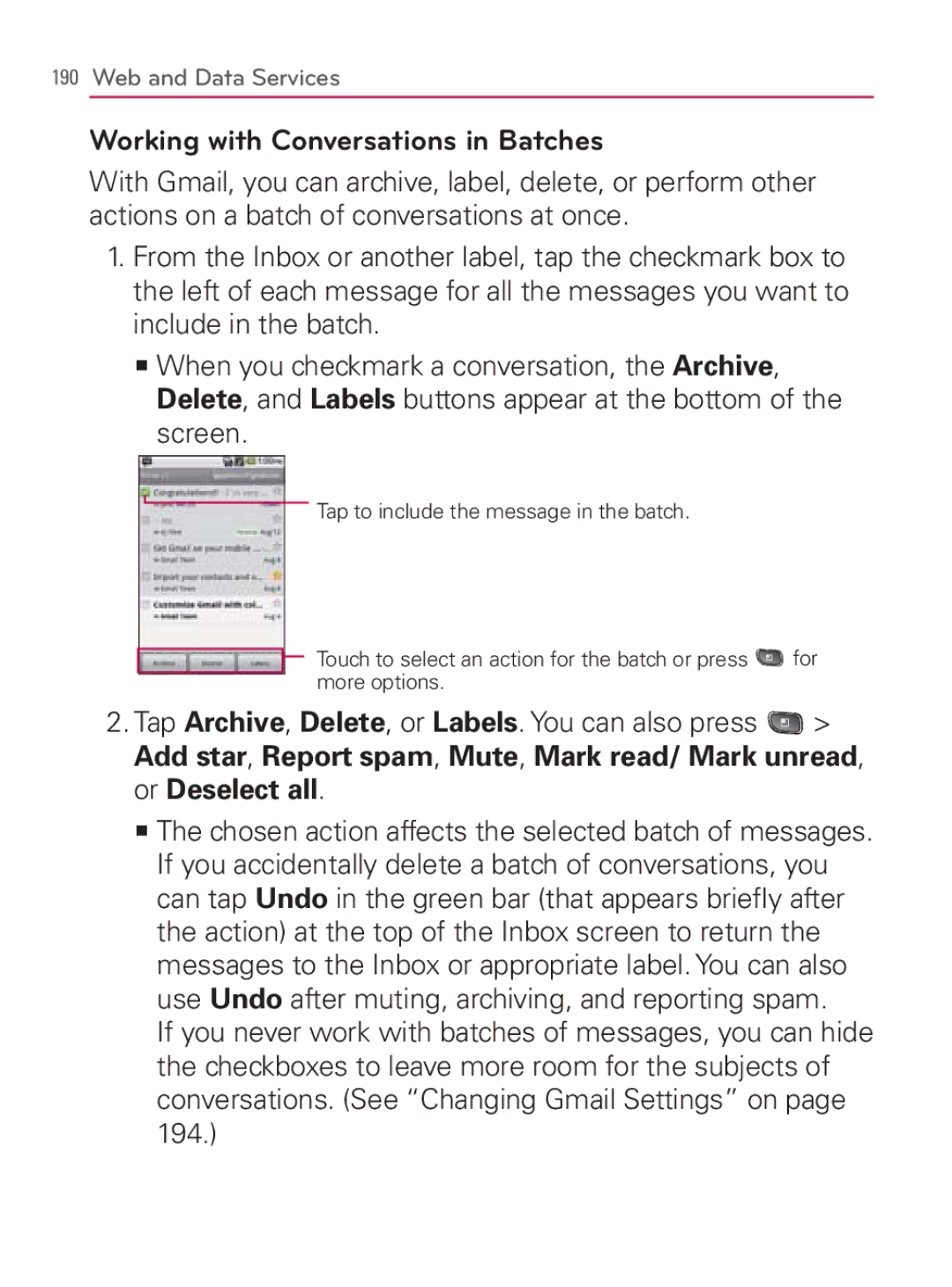 LG Electronics MFL67014001(1.2) manual Working with Conversations in Batches 