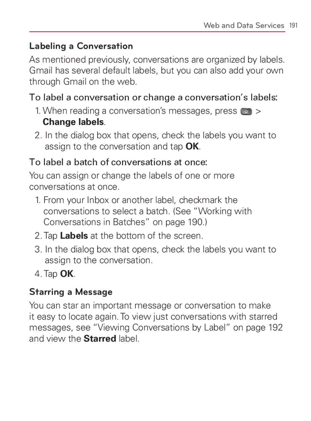 LG Electronics MFL67014001(1.2) manual Labeling a Conversation, When reading a conversation’s messages, press Change labels 