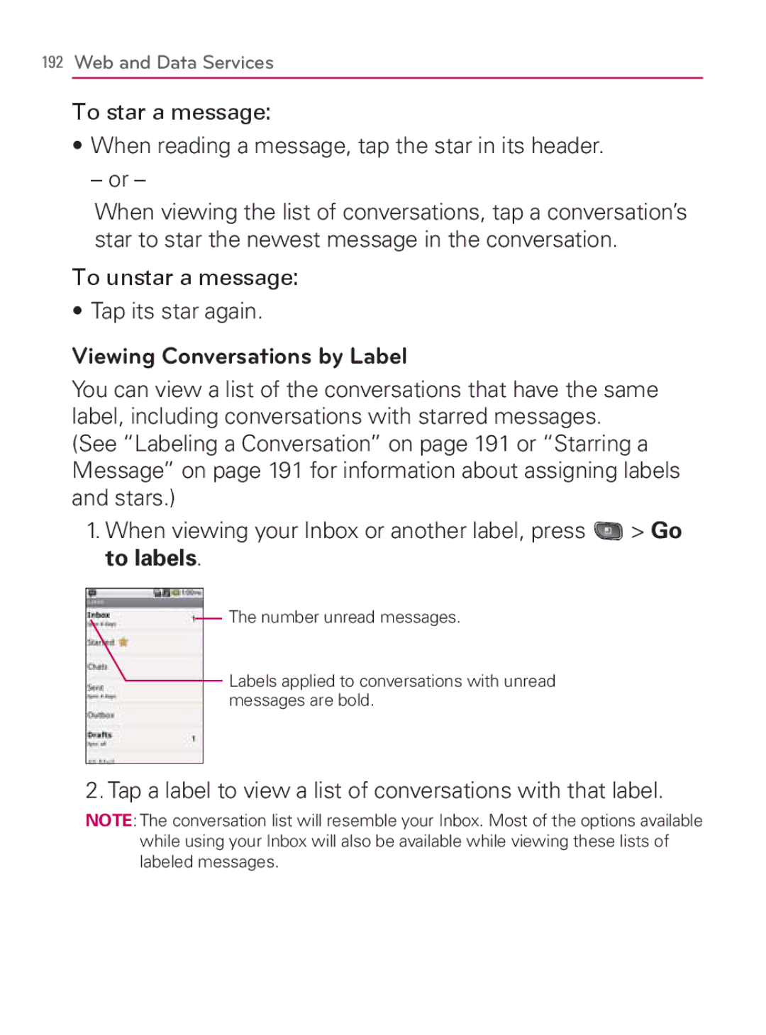 LG Electronics MFL67014001(1.2) manual To unstar a message Tap its star again, Viewing Conversations by Label 