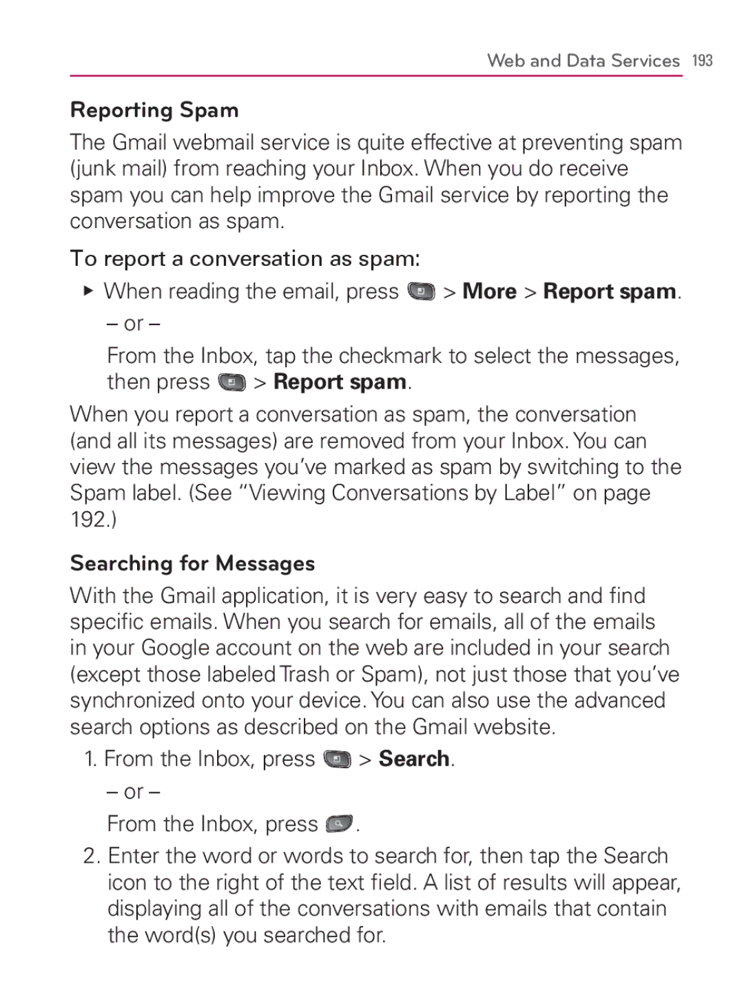 LG Electronics MFL67014001(1.2) manual Reporting Spam, Searching for Messages 