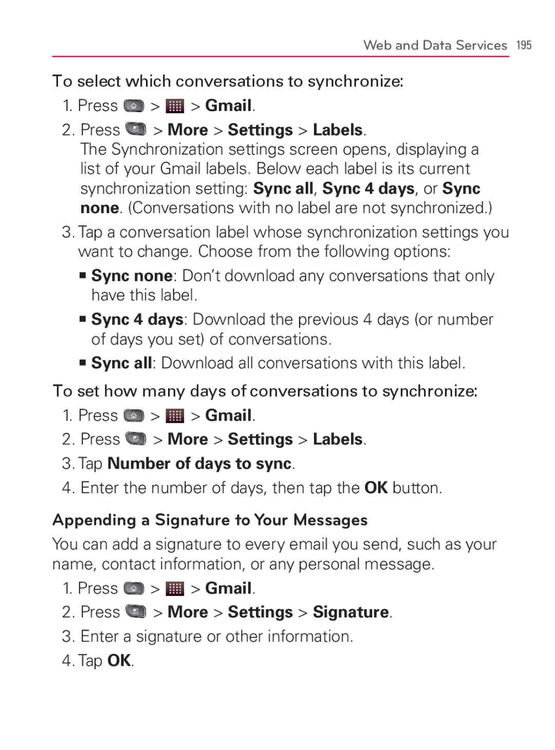 LG Electronics MFL67014001(1.2) Press More Settings Labels Tap Number of days to sync, Press More Settings Signature 