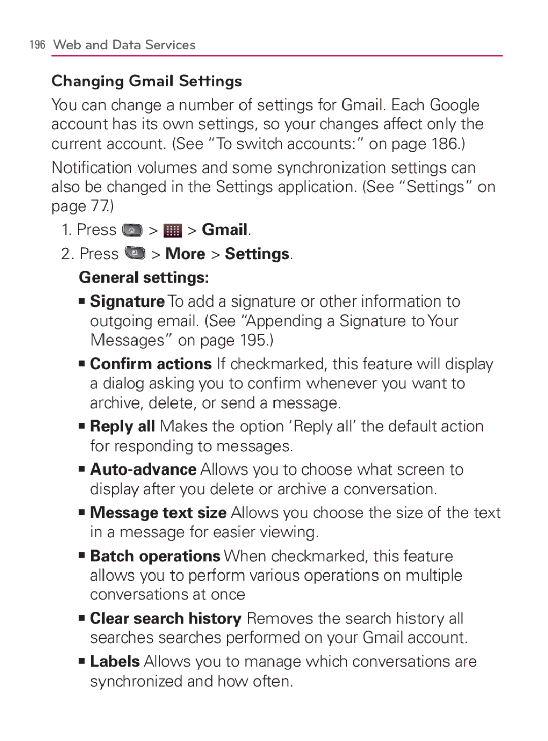 LG Electronics MFL67014001(1.2) manual Changing Gmail Settings, Press More Settings General settings 