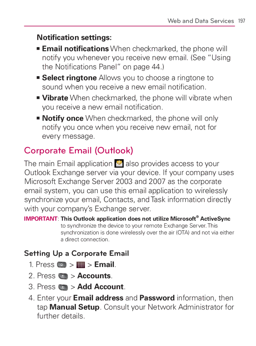 LG Electronics MFL67014001(1.2) manual Corporate Email Outlook, Notiﬁcation settings, Setting Up a Corporate Email 