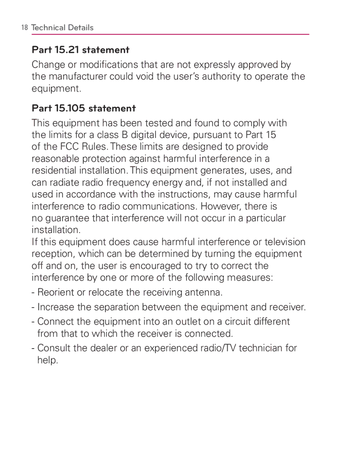 LG Electronics MFL67014001(1.2) Part 15.21 statement, Part 15.105 statement, Reorient or relocate the receiving antenna 