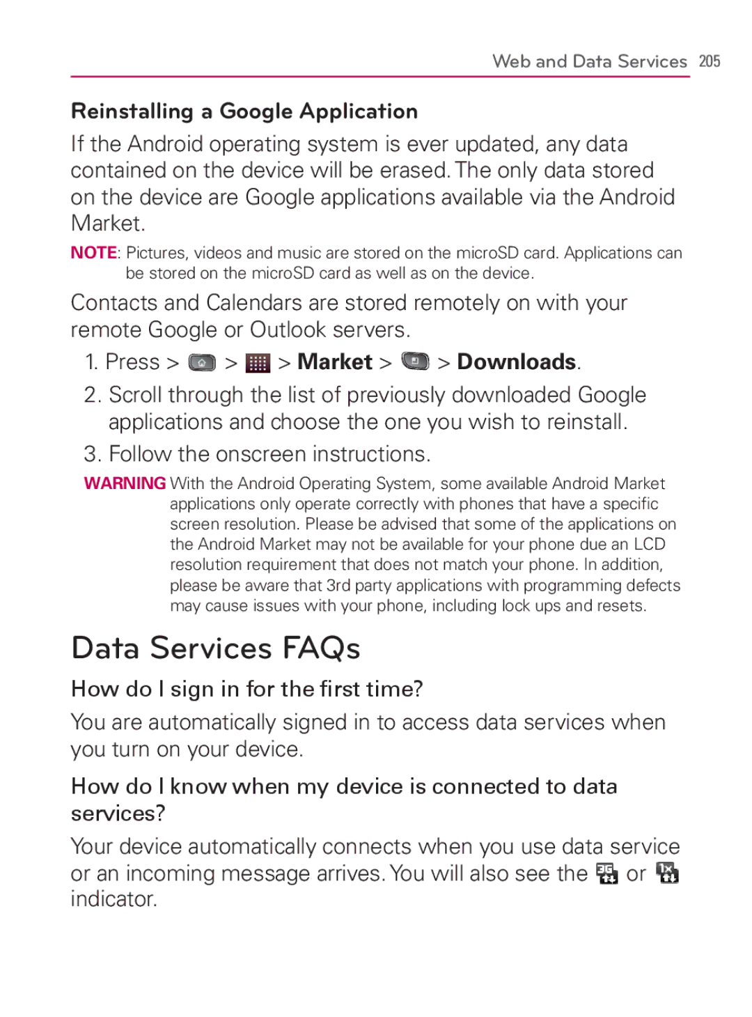 LG Electronics MFL67014001(1.2) Data Services FAQs, Reinstalling a Google Application, Follow the onscreen instructions 