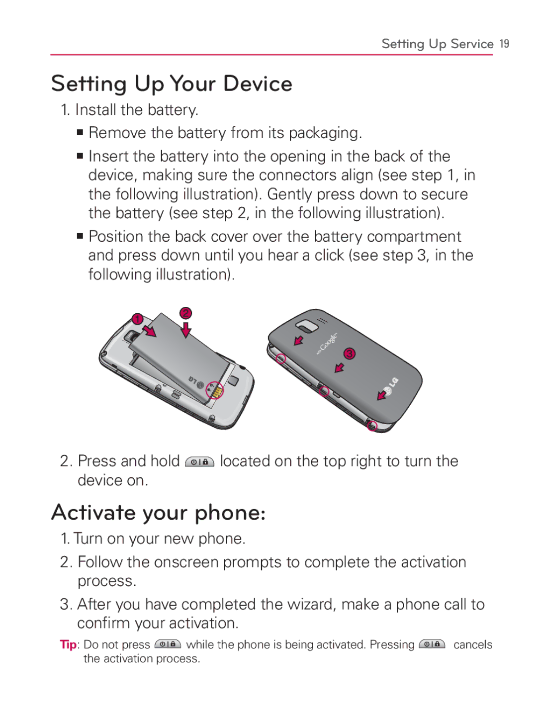 LG Electronics MFL67014001(1.2) manual Setting Up Your Device, Activate your phone 