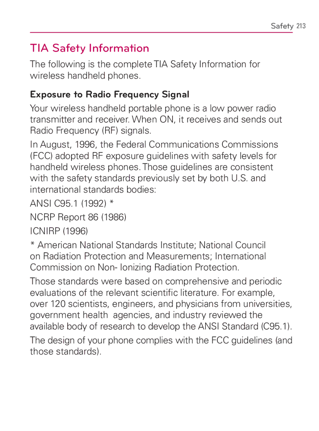 LG Electronics MFL67014001(1.2) manual TIA Safety Information, Exposure to Radio Frequency Signal 