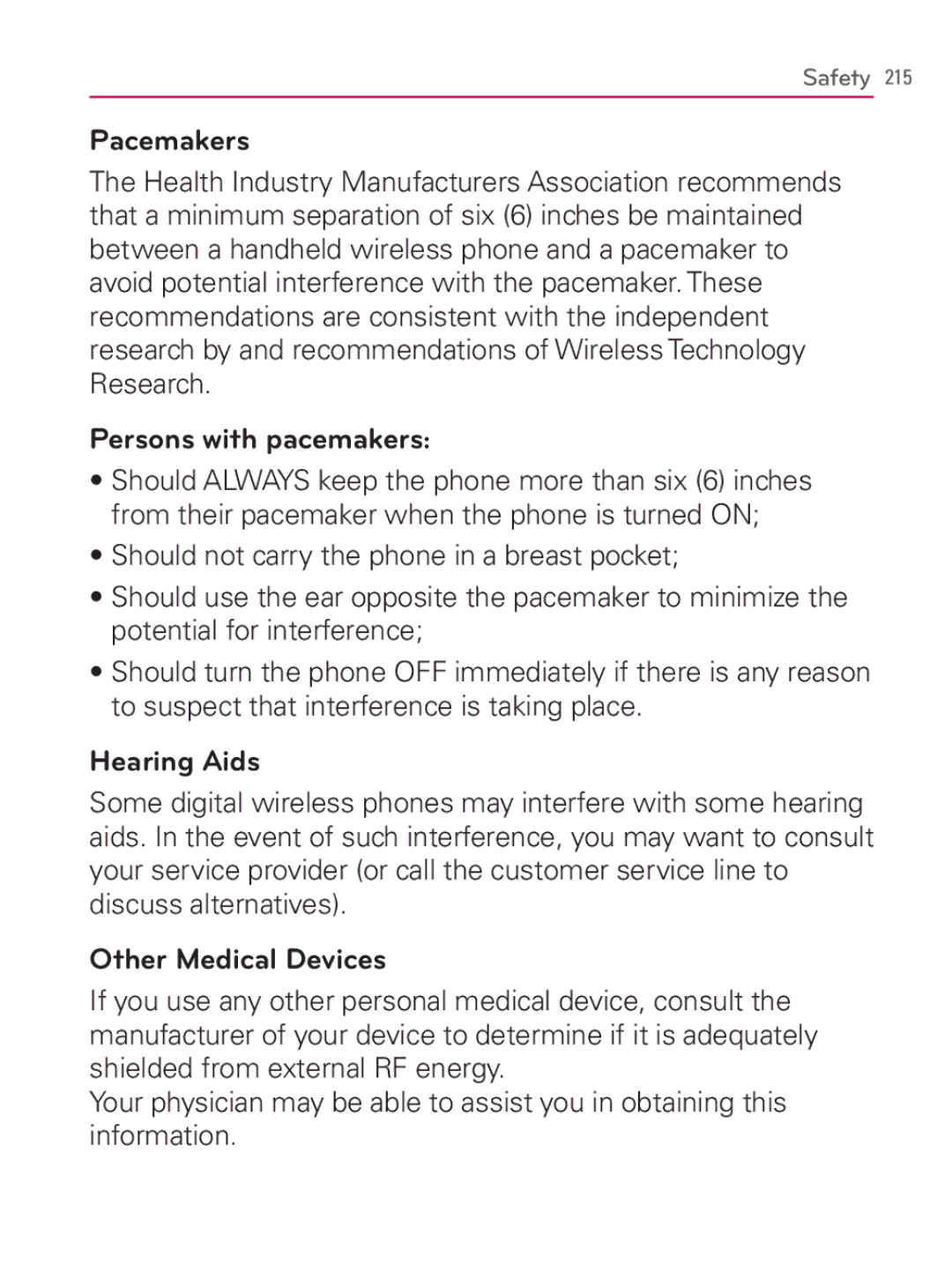 LG Electronics MFL67014001(1.2) manual Pacemakers, Persons with pacemakers, Hearing Aids, Other Medical Devices 