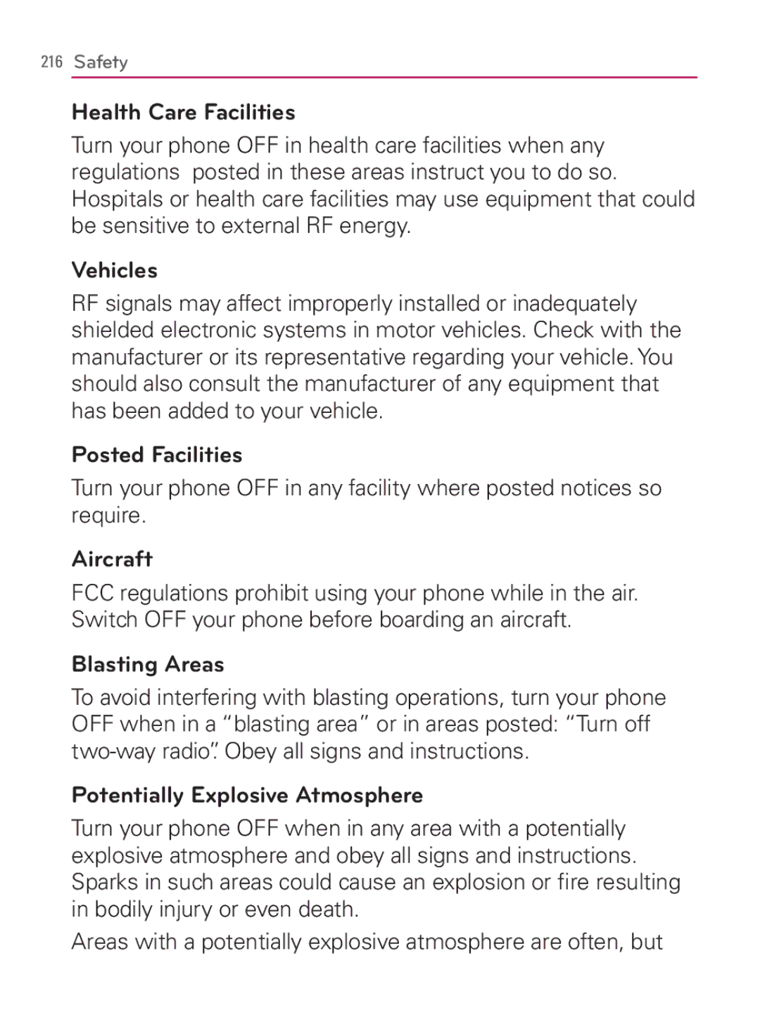 LG Electronics MFL67014001(1.2) manual Health Care Facilities, Vehicles, Posted Facilities, Aircraft, Blasting Areas 