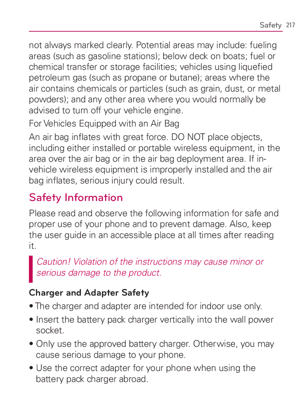 LG Electronics MFL67014001(1.2) Safety Information, For Vehicles Equipped with an Air Bag, Charger and Adapter Safety 