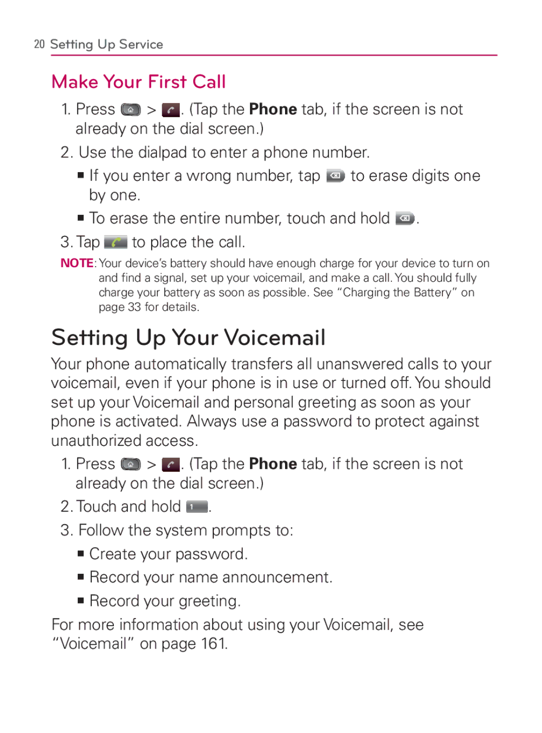 LG Electronics MFL67014001(1.2) manual Setting Up Your Voicemail, Make Your First Call 