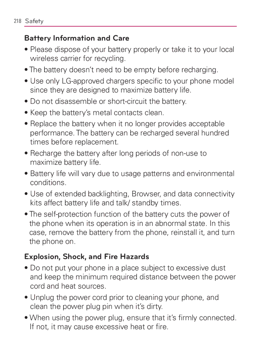 LG Electronics MFL67014001(1.2) manual Battery Information and Care, Explosion, Shock, and Fire Hazards 