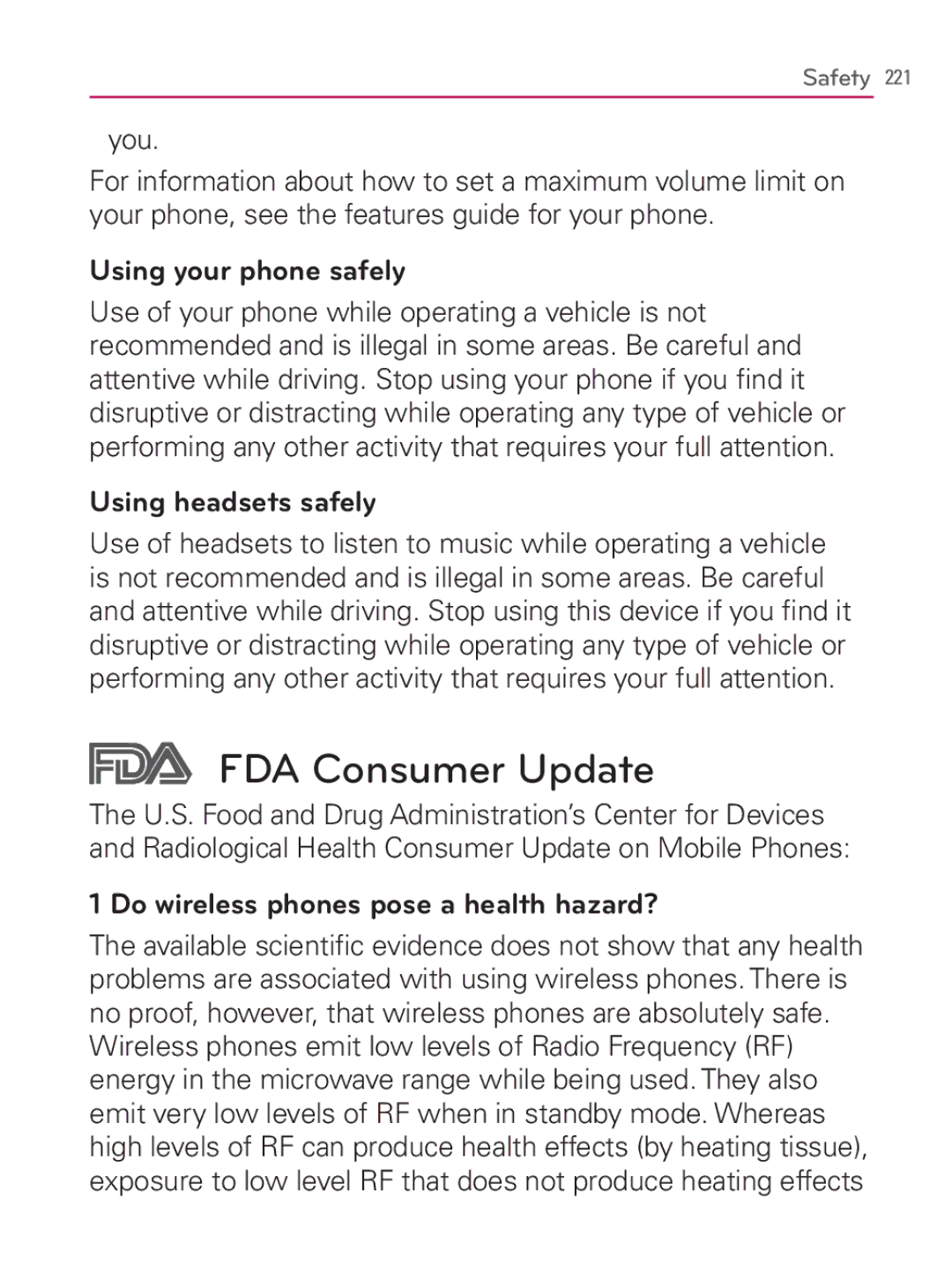 LG Electronics MFL67014001(1.2) manual FDA Consumer Update, You, Using your phone safely, Using headsets safely 