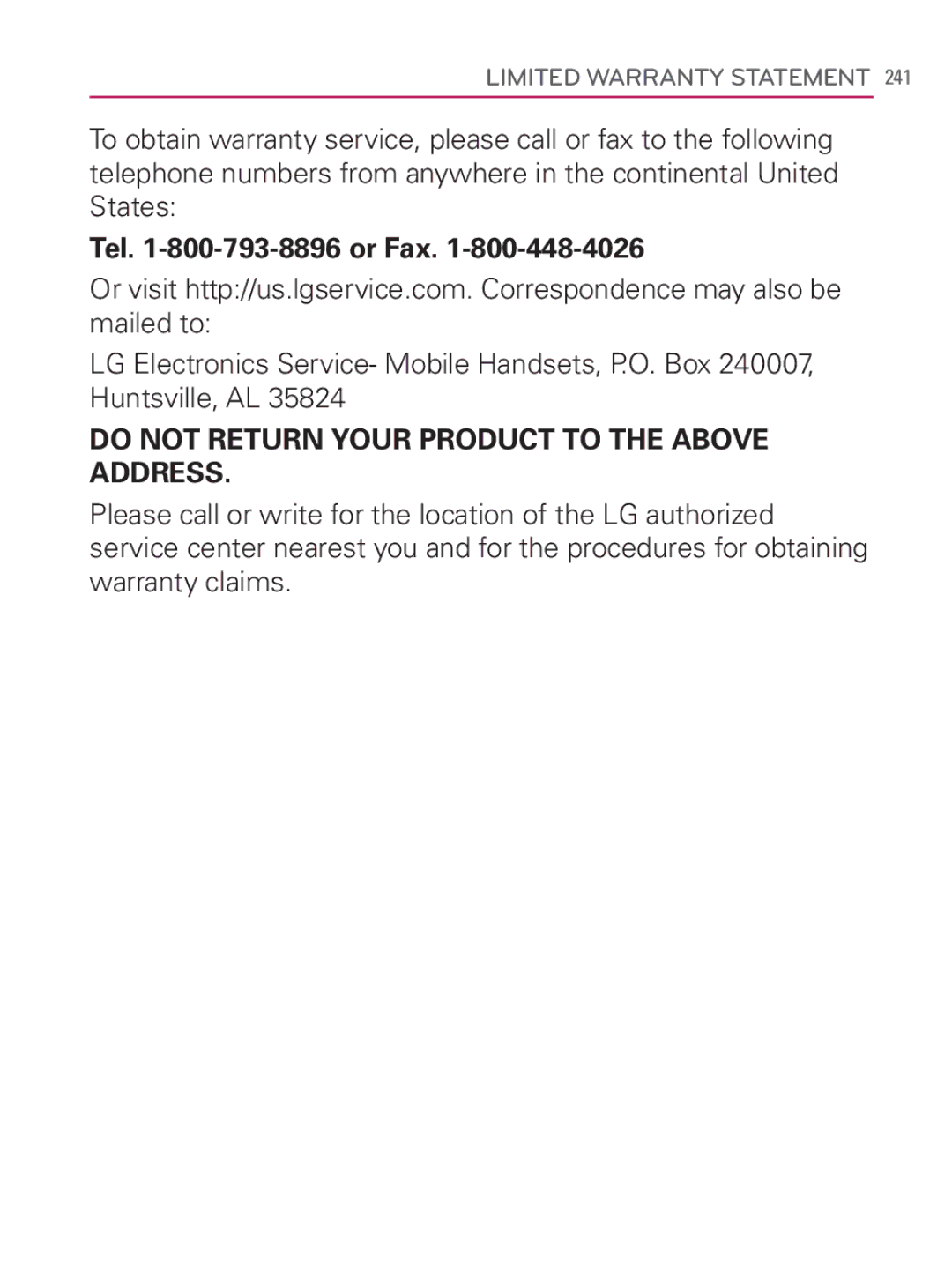 LG Electronics MFL67014001(1.2) manual Tel -800-793-8896 or Fax, Do not Return Your Product to the Above Address 