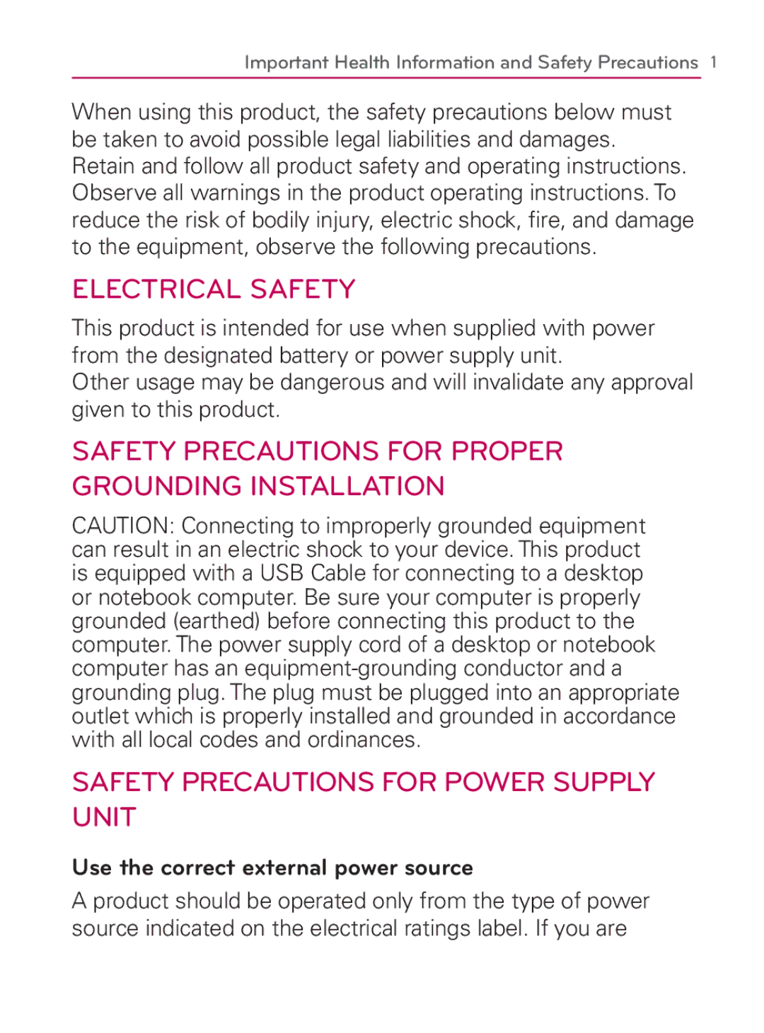 LG Electronics MFL67014001(1.2) manual Electrical Safety, Use the correct external power source 