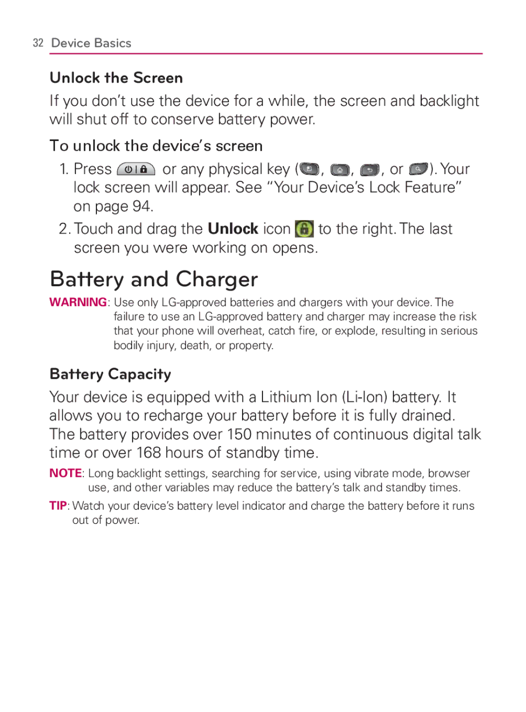 LG Electronics MFL67014001(1.2) manual Battery and Charger, Unlock the Screen, Battery Capacity 