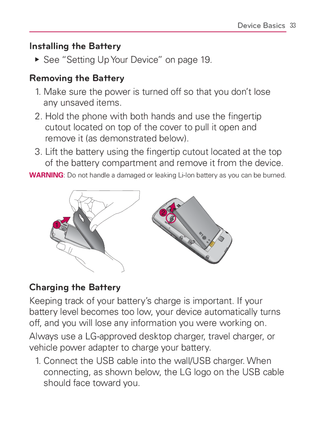 LG Electronics MFL67014001(1.2) manual Installing the Battery, See Setting Up Your Device on, Removing the Battery 