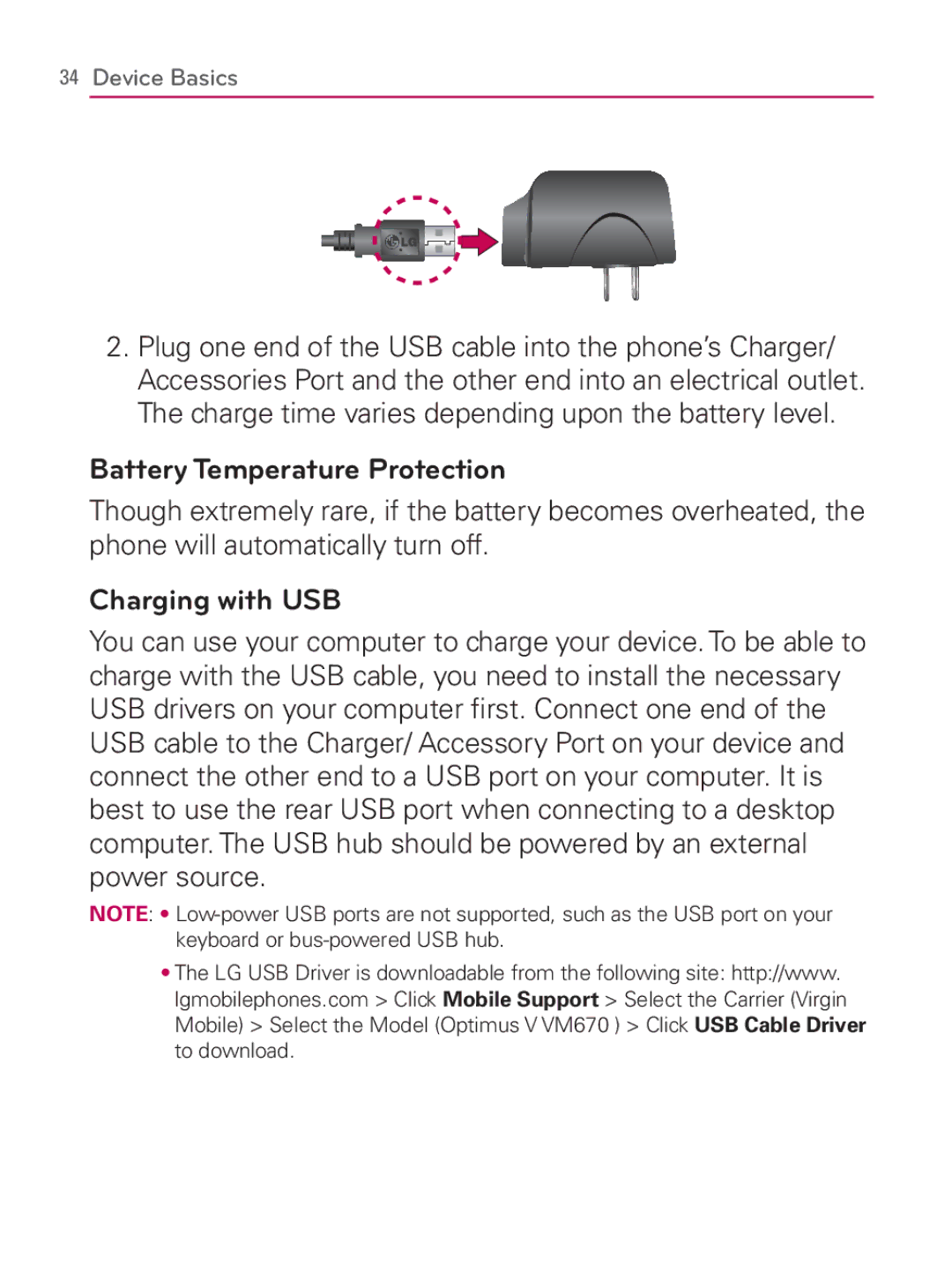 LG Electronics MFL67014001(1.2) manual Battery Temperature Protection, Charging with USB 