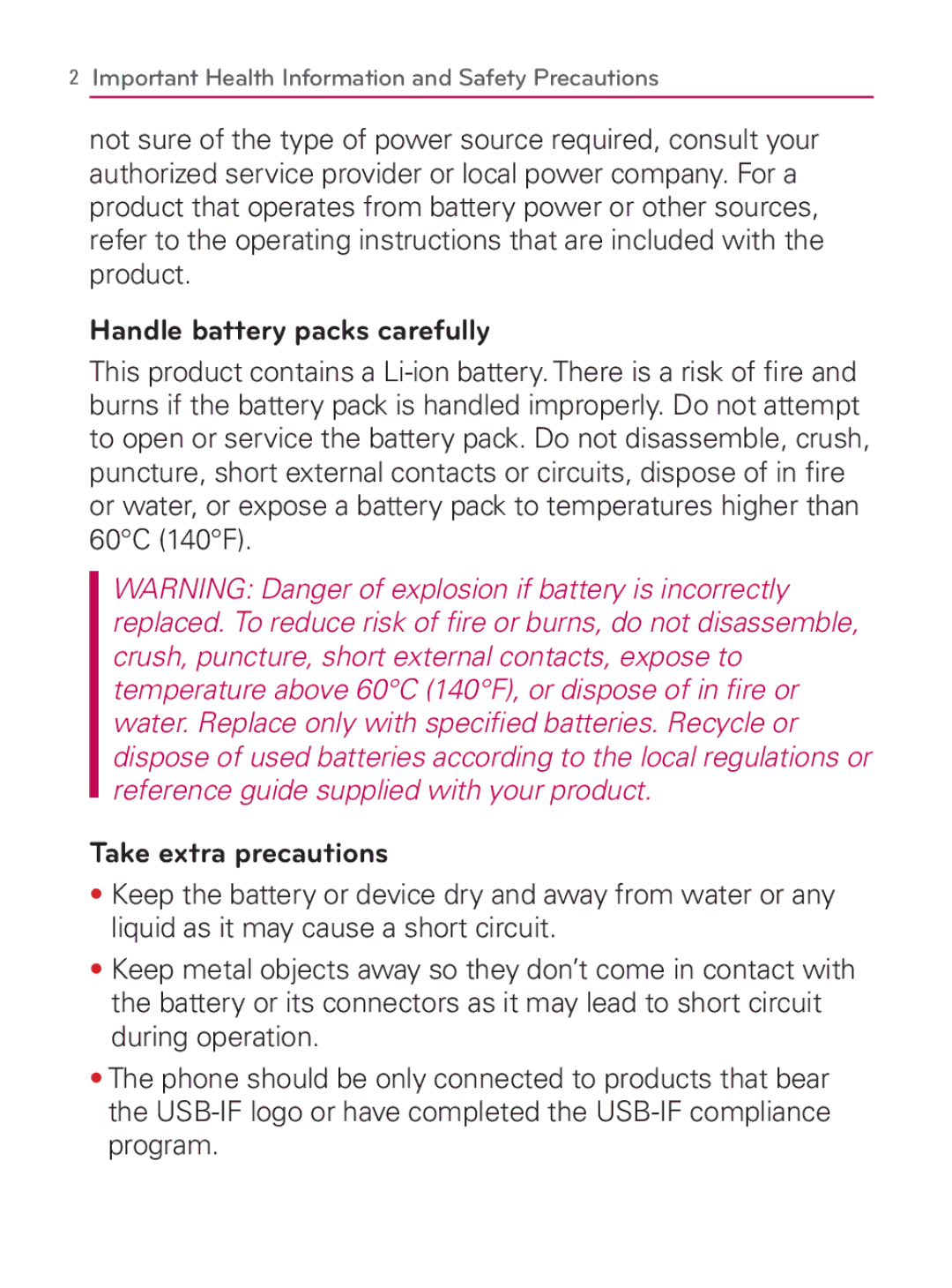 LG Electronics MFL67014001(1.2) manual Handle battery packs carefully, Take extra precautions 