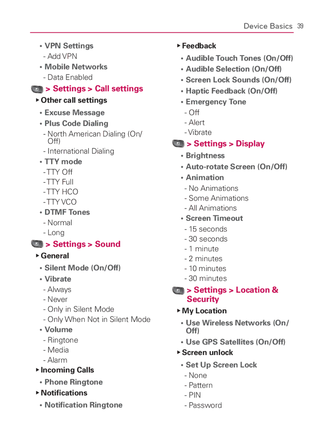 LG Electronics MFL67014001(1.2) manual Settings Call settings 